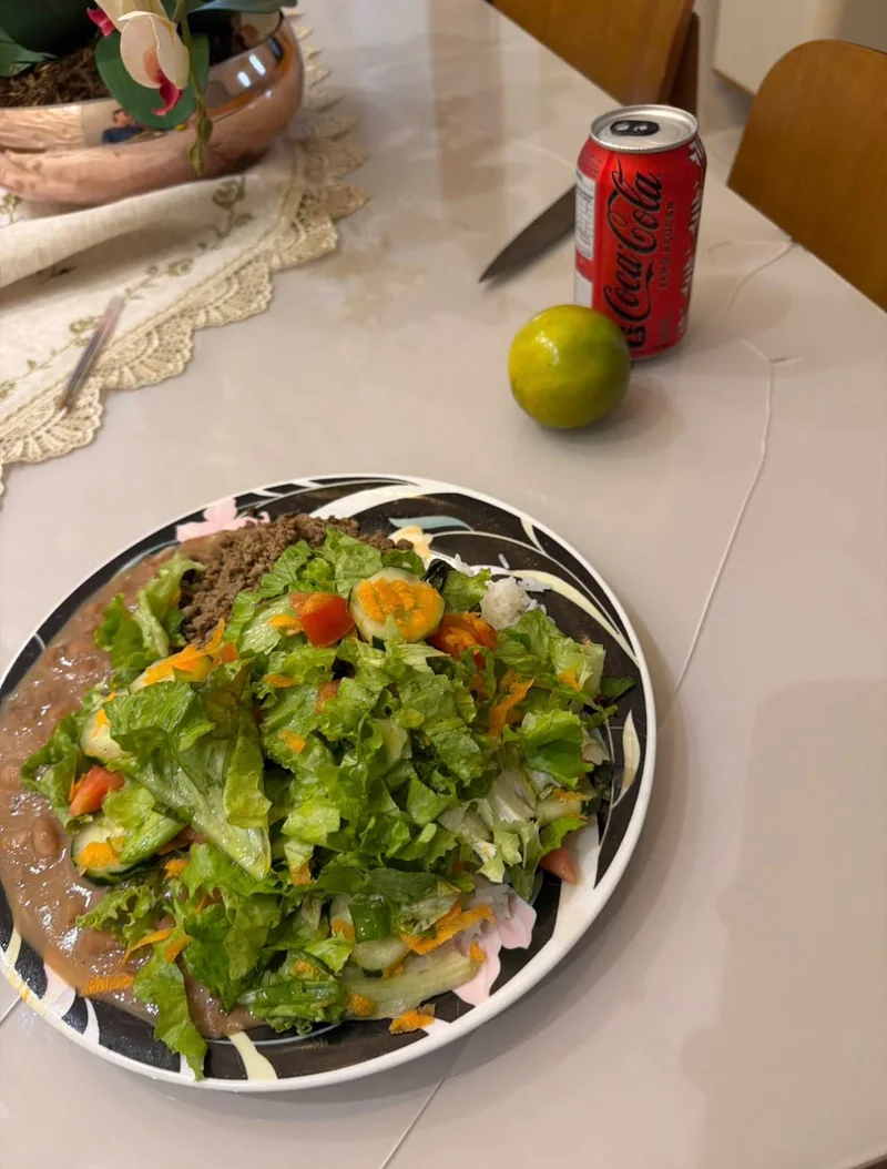 Prato com salada, carne e feijão